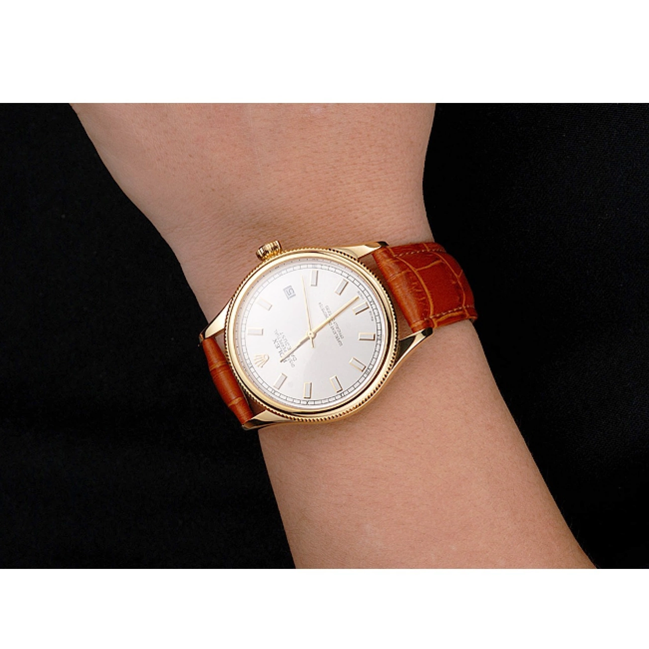 Aaa fake watches Dial Brown Rolex Swiss Strap Gold Case Light Datejust White Leather 0630